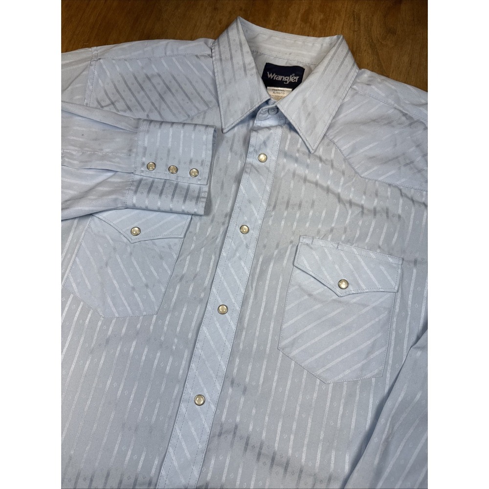 Wrangler Polyester Western Pearl Snap Long Sleeve Shirt Mens XL Blue Cowboy